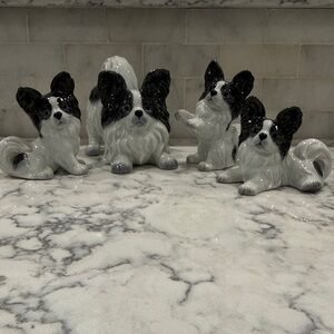 Set of 4 lladro-look Black & White Papillon Dog Figurines DNC fine porcelain